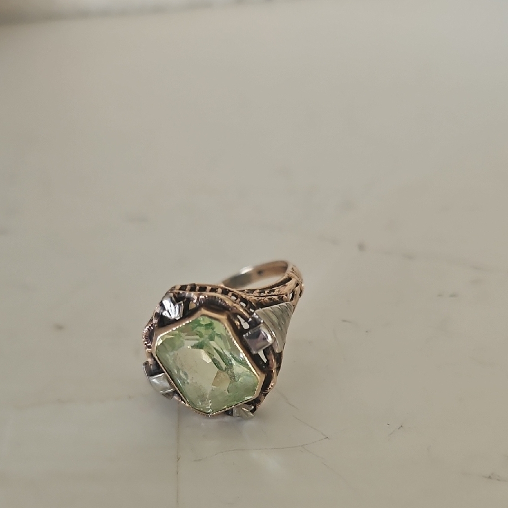10k Art Decco Style Ring with Light Greeish Tinted Stone.